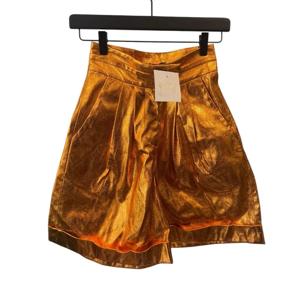 Kimberly Goldson Lizzie Metallic‎ Faux Leather Shorts Copper 0 Orange